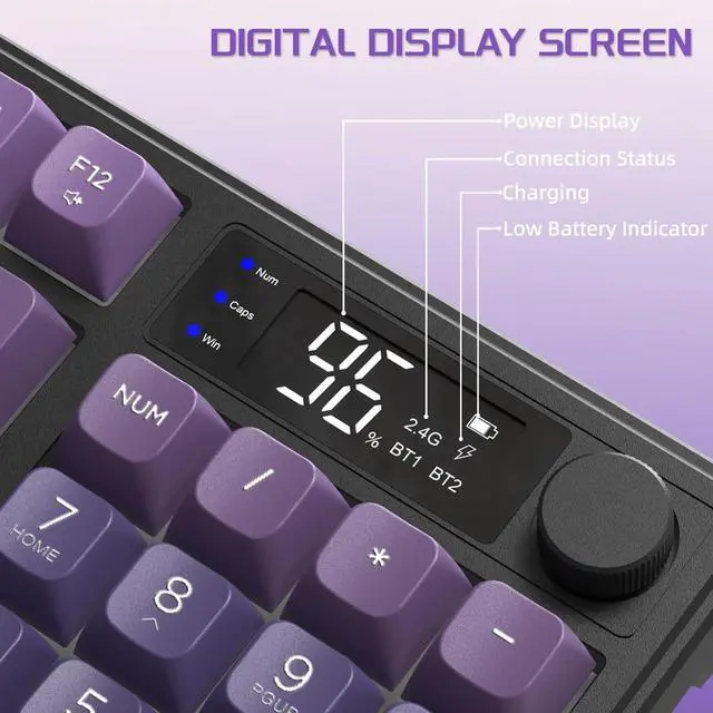 Alt view image 5 of 5 - FREEWOLF M96 Wireless Gaming Keyboard Creamy Membrane with Rainbow Backlight,Media Knob,LCD Screen,Dual Mode-Bluetooth/2.4Ghz,Ball Shape PBT Keycap 94 Key ANSI Layout for Win Mac PC Gamer(Purple)