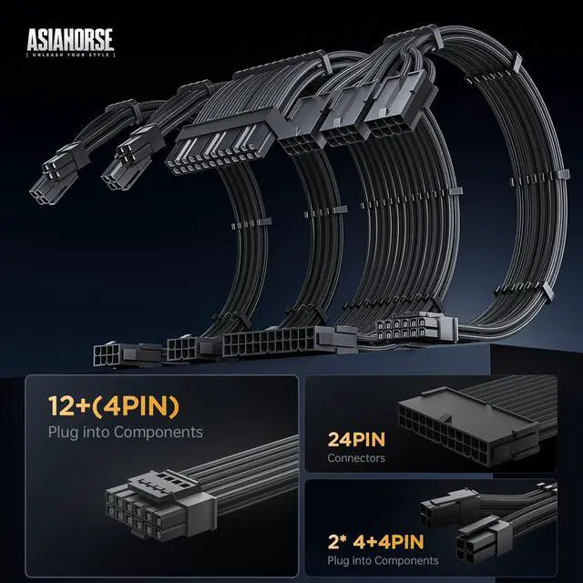 Alt view image 3 of 5 - AsiaHorse 12VHPWR Cable Extension Kit, 16AWG Pcie 5.0 PSU Cable Extension Kit Soft Braided Power Supply Cable Extension, 24pin ATX /4+4pin EPS /12+4pin, 30CM Length with Cable Combs