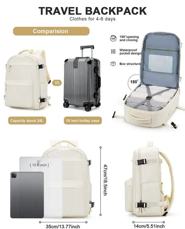 Alt view image 2 of 5 - Simple Travel Backpack For Women Men,Carry on Backpack for Traveling on Airplane,Mochila de Viaje,Frontier Airlines Personal Item Travel Bag,Waterproof Luggage Backpack with USB Charging Port(Beige)
