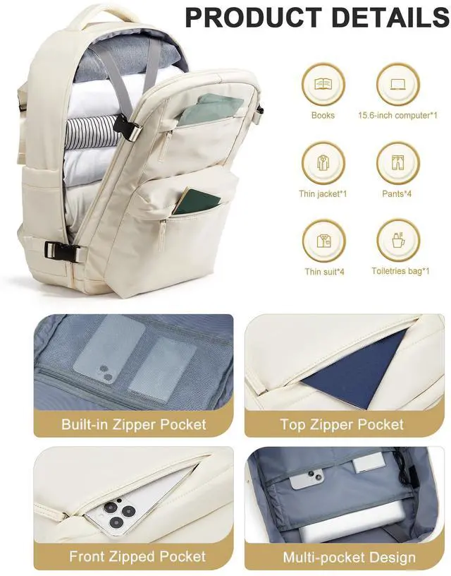 Alt view image 3 of 5 - Simple Travel Backpack For Women Men,Carry on Backpack for Traveling on Airplane,Mochila de Viaje,Frontier Airlines Personal Item Travel Bag,Waterproof Luggage Backpack with USB Charging Port(Beige)