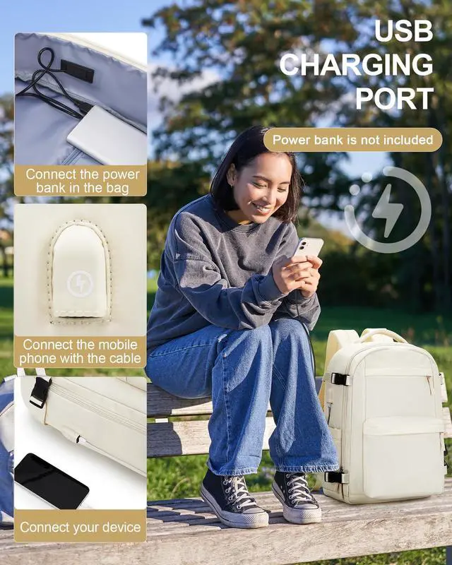 Alt view image 4 of 5 - Simple Travel Backpack For Women Men,Carry on Backpack for Traveling on Airplane,Mochila de Viaje,Frontier Airlines Personal Item Travel Bag,Waterproof Luggage Backpack with USB Charging Port(Beige)