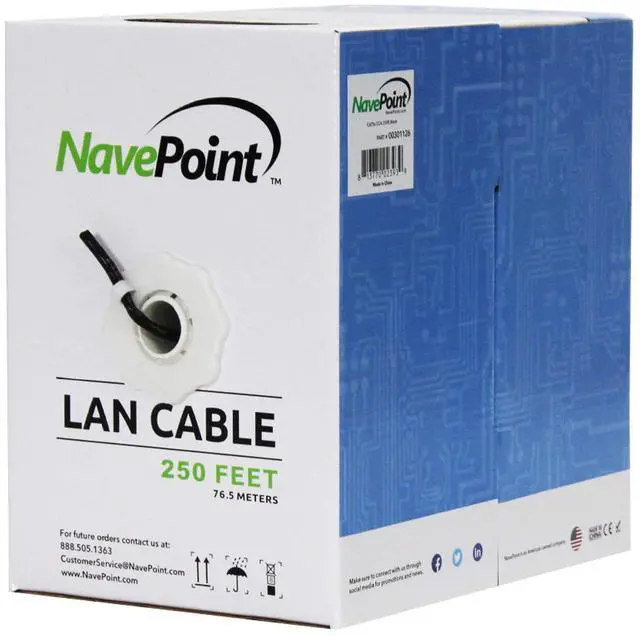 Main image of NavePoint CAT5e (CCA), 250ft, Black, Solid Bulk Ethernet Cable, 24AWG 4 Pair, Unshielded Twisted Pair (UTP)
