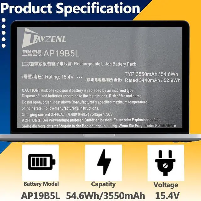 Alt view image 2 of 5 - TAVZENL AP19B5L 54.6Wh Battery Replacement for ACER Aspire 5 A515-52G A515-52 A515-43G A515-43 Aspire Vero AV15-51 AV15-53P Swift 3 SF314-42 SP314-21N-R5FR Series 15.4V 3550