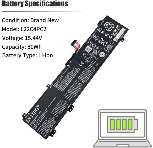 Alt view image 3 of 5 - INTIFO 80Wh L22C4PC2 Laptop Battery Compatible with Lenovo Legion Slim 5-16AHP9 16ARP9 LOQ 16APH8 16IRH8 Extreme Series L22B4PC2 L22D4PC2 L22M4PC2 SB11K38739 5B11K38743 5B11N45430 [15.44V 5182mAh]