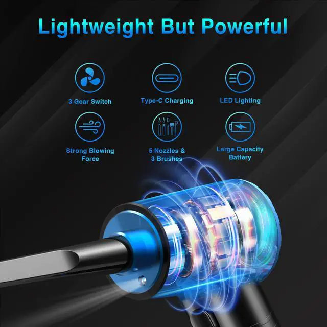 Alt view image 2 of 5 - Keimi Cordless Compressed Air Duster - Rechargeable 7500mAh 91000RPM Compressed Air Blower with Led Light for Keyboard, PC, and Car Cleaning - Powerful Eco-Friendly Replacement for Canned Air Duster