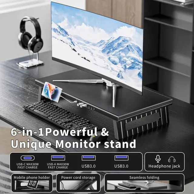 Alt view image 2 of 5 - GECKOSTROLL All-Metal Foldable Monitor Stand with 28cm Wide Desktop, 30W Fast Charging, USB 3.0 Data Ports, Headphone & Mic Jack, Detachable Phone Holder, 530mm Heavy-Duty Riser