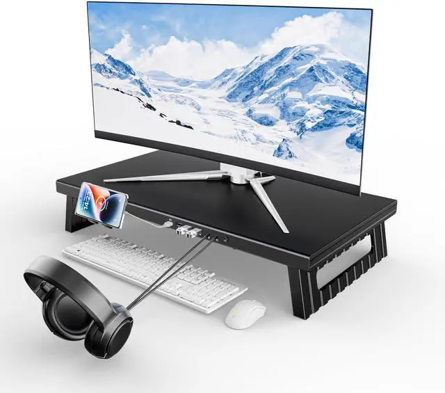 Main image of GECKOSTROLL All-Metal Foldable Monitor Stand with 28cm Wide Desktop, 30W Fast Charging, USB 3.0 Data Ports, Headphone & Mic Jack, Detachable Phone Holder, 530mm Heavy-Duty Riser