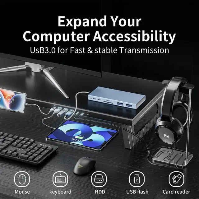 Alt view image 4 of 5 - GECKOSTROLL All-Metal Foldable Monitor Stand with 28cm Wide Desktop, 30W Fast Charging, USB 3.0 Data Ports, Headphone & Mic Jack, Detachable Phone Holder, 530mm Heavy-Duty Riser