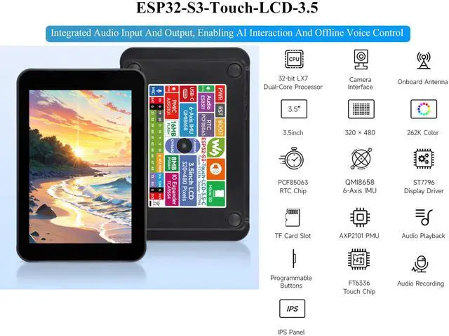 Alt view image 2 of 5 - ESP32-S3 3.5inch Capacitive Touch Display Development Board, 320x480 IPS LCD 262K, Onboard Camera Interface, Supports AI Speech Interaction and Offline Voice Control,WFi/BLE 5,Comes with Speaker