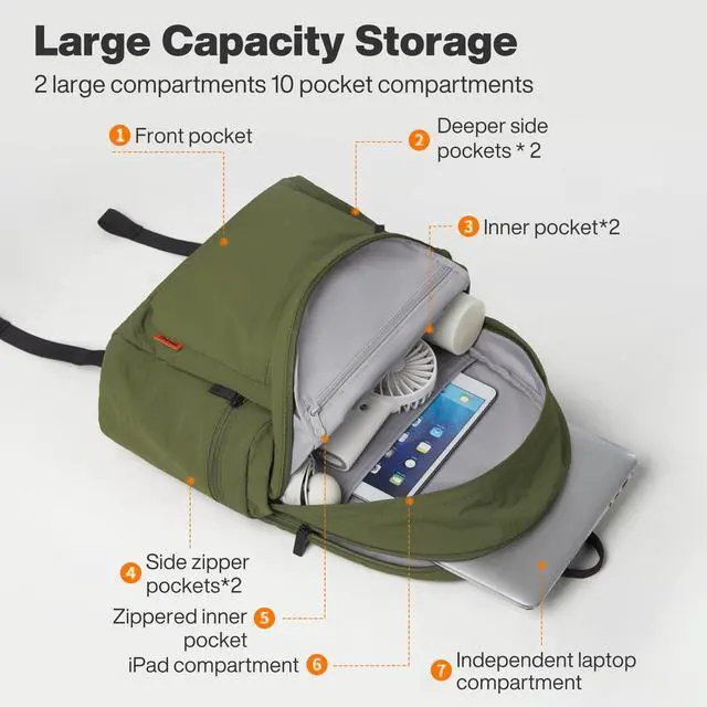 Alt view image 2 of 5 - mixi Outdoor Lightweight Backpack Casual Carry On Laptop Backpack Travel Bookbag for Women Men, Water Resistant Durable Hiking Bag for Camping Weekender Sports College Work, 17 Inch, Jungle Green