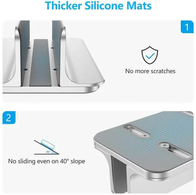 Alt view image 4 of 5 - OMOTON Vertical Laptop Stand Holder, Desktop Aluminum Stand for MacBook with Adjustable Dock Size, Fits All MacBook, Surface, Chromebook and Gaming Laptops (Up to 17.3 inches), Silver