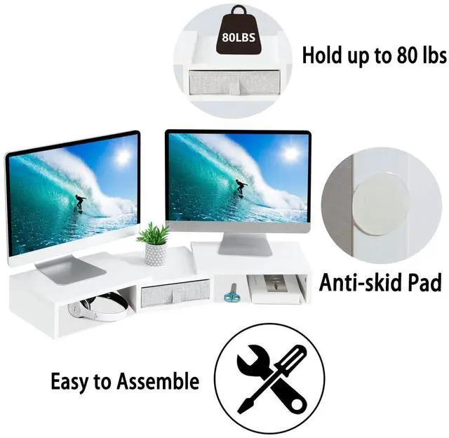 Alt view image 3 of 5 - TEAMIX White Dual Monitor Stand Riser with Drawer - Length and Angle Adjustable Double Corner Desk Shelf Organizer 37 inch Long for 2 Laptop/PC/Screen/TV