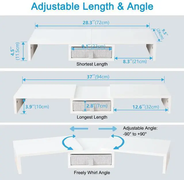 Alt view image 4 of 5 - TEAMIX White Dual Monitor Stand Riser with Drawer - Length and Angle Adjustable Double Corner Desk Shelf Organizer 37 inch Long for 2 Laptop/PC/Screen/TV