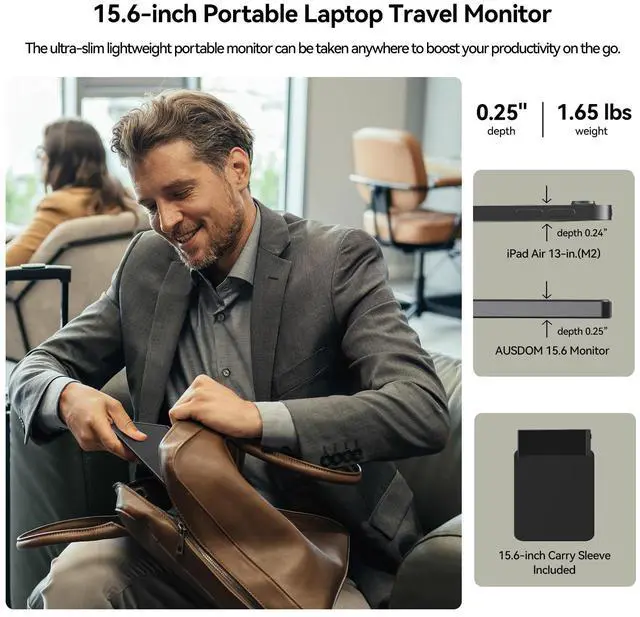 Alt view image 5 of 5 - AUSDOM External Portable Travel Monitor for Laptop, 15.6 inch 1080P FHD IPS Display USB-C HDMI Mobile Second Screen, Portable Computer Monitor for Laptop/PC/Mac/iPad/iPhone/Switch/Xbox/PS4/PS5