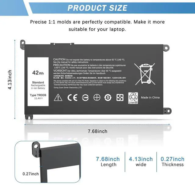Alt view image 3 of 5 - YUERYE 42Wh YRDD6 Battery Replacement for Dell Inspiron 15 3000 Series 3582 3583 3584 3593 3501 inspiron 15 5000 Series 5582 5584 5593 5594 5598 5585 14 3493 5481 5485 5493 7586 Vostro 5481 1VX1H