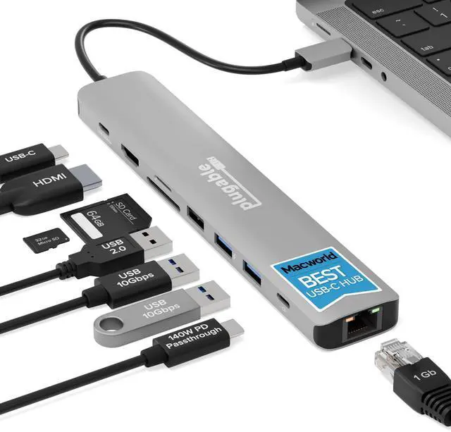 Main image of Plugable USB C Hub Multiport Adapter: 9-in-1 with 140W PD Charging, 4K 60Hz HDMI, 10Gbps Data Transfer, Gigabit Ethernet, SD, for USBC, USB4, Thunderbolt MacBook, Windows, Chromebook (USBC-9IN1E)