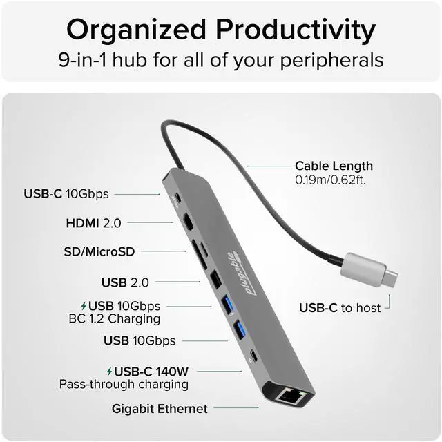 Alt view image 3 of 5 - Plugable USB C Hub Multiport Adapter: 9-in-1 with 140W PD Charging, 4K 60Hz HDMI, 10Gbps Data Transfer, Gigabit Ethernet, SD, for USBC, USB4, Thunderbolt MacBook, Windows, Chromebook (USBC-9IN1E)