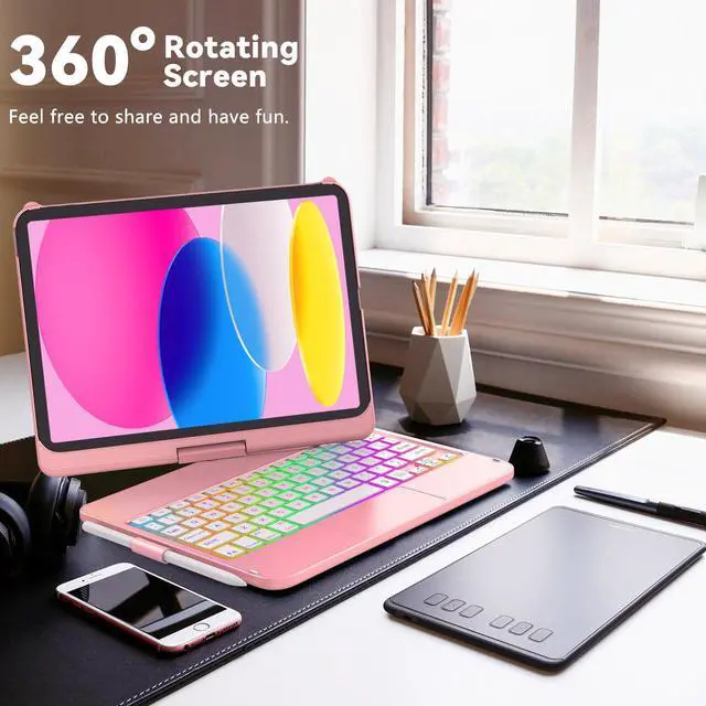 Alt view image 4 of 5 - FUWANG Touch Keyboard Case for iPad 10th Generation (10.9", 2022) 360° Rotatable Bundle with USB Optical 2.4G Wireless Bluetooth Two Mode Mouse
