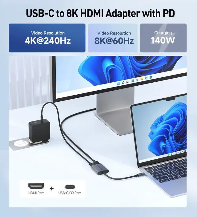 Alt view image 2 of 5 - Cable Matters 48Gbps USB C to HDMI 2.1 Adapter with 140W Charging for MacOS, Windows, Supports [4K@240Hz /8K@60Hz HDR], Thunderbolt 4 to HDMI Adapter, Compatible for MacBook, Thunderbolt 5 Laptops