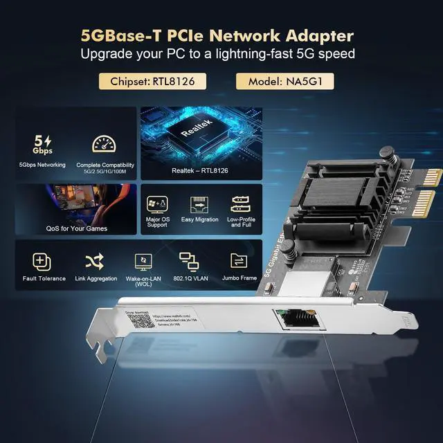 Alt view image 2 of 5 - Binardat 5G PCIe Network Adapter, RTL8126 5G/2.5G/1G/100Mbps Ethernet Card RJ45 LAN Controller with Low Profile, Support PXE for Windows 11/10, Linux