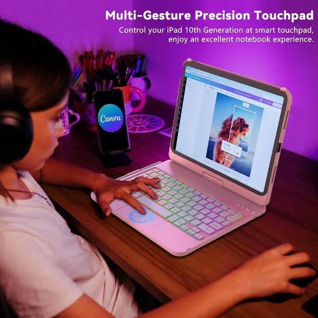 Alt view image 3 of 5 - FUWANG Touch Keyboard Case for iPad 10th Generation (10.9", 2022) 360° Rotatable Bundle with USB Optical 2.4G Wireless Bluetooth Two Mode Mouse
