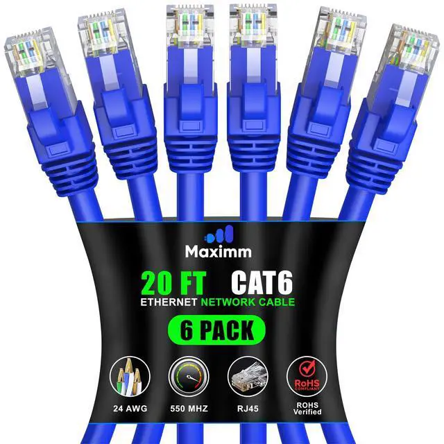 Main image of Maximm Cat 6 Ethernet Cable 20 ft (6-Pack) - High-Speed LAN Cable, Internet Cable, Patch Cable, and Network Cable - UTP, 10Gbps, 550MHz Ethernet Cord - Blue