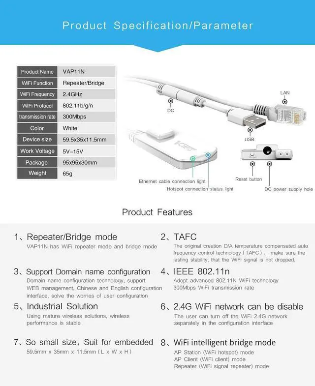 Alt view image 3 of 5 - Vonets VAP11N-300 2.4GHz Mini WiFi Bridge Ethernet/WLAN to LAN Adapter/WLAN Repeater 300Mbps 802.11b/g/n for Network Devices That Need WiFi Connection with Access Point Function