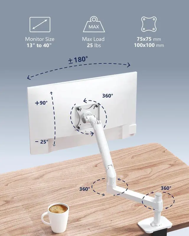 Alt view image 2 of 5 - Ergounion Single Monitor Arm Desk Mount, Holds Screens up to 40 Inches and 25 lbs, Fully Adjustable Vesa Monitor Mount with C-Clamp and Grommet Base, Aluminum, White