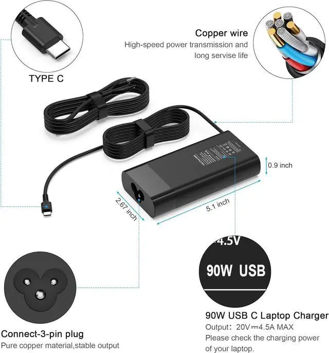 Alt view image 3 of 5 - 90W USB C Laptop Charger Replacement for HP Spectre x360 904144-850 904082-003 ADP-90FE L45440-003 2LN85AA#ABA 2LN85AA 90w USB-c Power Adapter Type C AC Adapter Power Supply Cord