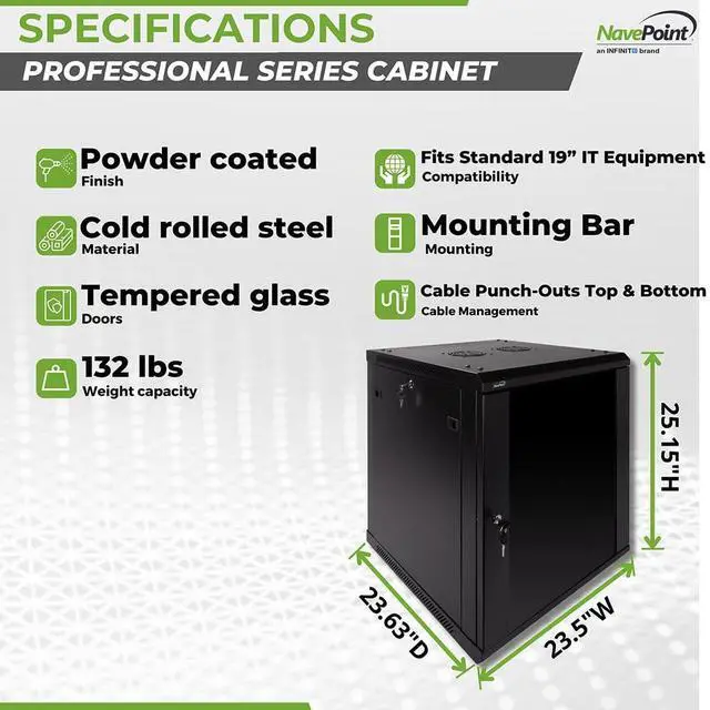 Alt view image 4 of 5 - NavePoint 12U Server Rack Enclosure - 23.6 Deep, 12U Wall Mount Network Cabinet with Locking Glass Door for 19 IT Equipment, 12U Network Rack with 2 Fans, Removable Side Panels, Black
