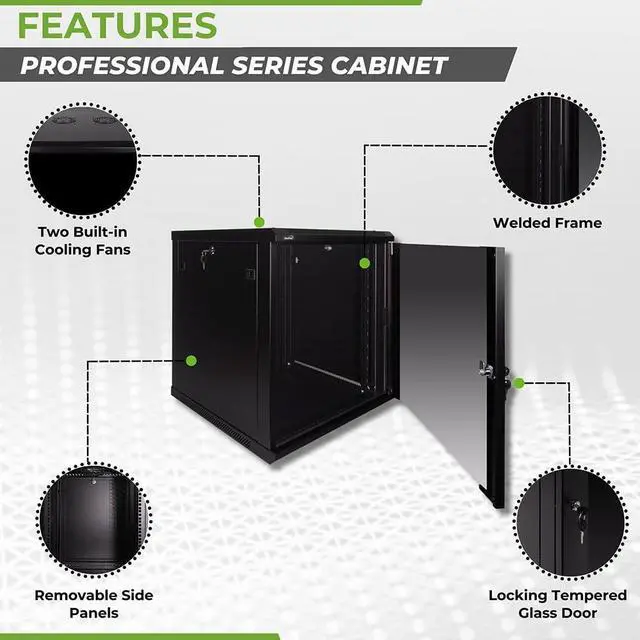 Alt view image 2 of 5 - NavePoint 12U Server Rack Enclosure - 23.6 Deep, 12U Wall Mount Network Cabinet with Locking Glass Door for 19 IT Equipment, 12U Network Rack with 2 Fans, Removable Side Panels, Black