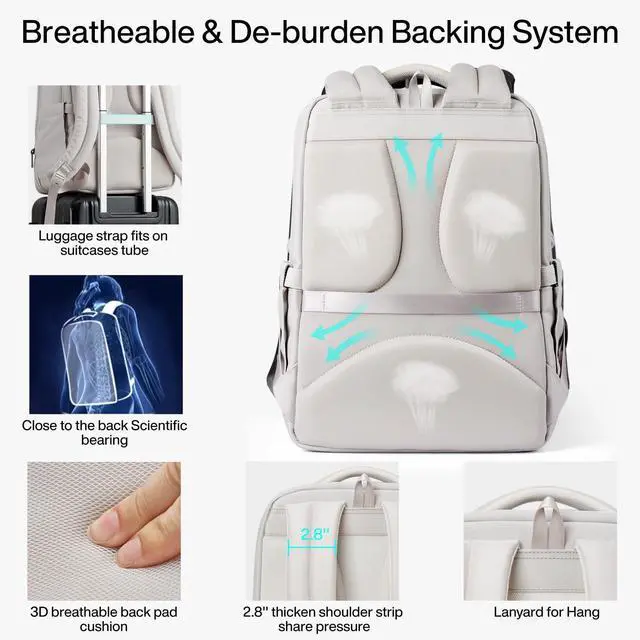 Alt view image 3 of 5 - Hanke 16 Inch Expandable Travel Backpack for Women Men, Full Open Laptop Backpack with Luggage Strap, Business Work Backpacks Fits 15.6 Inch Laptop(Greyish White)