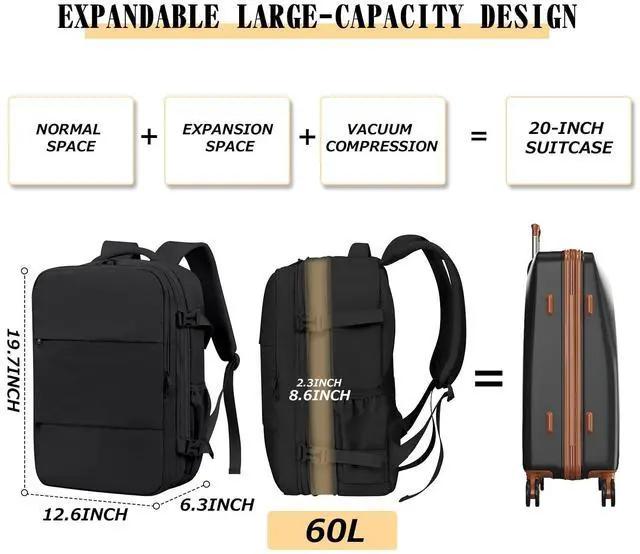 Alt view image 4 of 5 - OPOALO Vacuum Compression Backpack for Travel, Expandable Travel Backpack Business Bag with Compression, Fits 17 inch Laptop, Waterproof, for Men and Women  Black