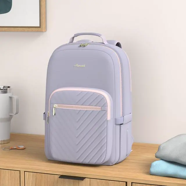 Alt view image 2 of 5 - LOVEVOOK Laptop Backpack for Women 18.4 inch,Cute Womens Travel Backpack Purse,Professional Laptop Computer Bag,Waterproof Work Business College Teacher Bags Carry on Backpack with USB Port,Grey Pink