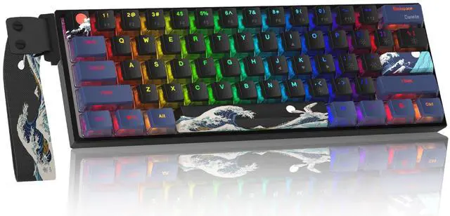 Main image of COSTOM WK61 PRO 60% Percent Keyboard with QMK, Black Kanagawa Wired Mechanical Gaming Keyboard with Strap RGB Backlit, Anime Pudding PBT Keycaps, Hot Swappable POM Linear Red Switch