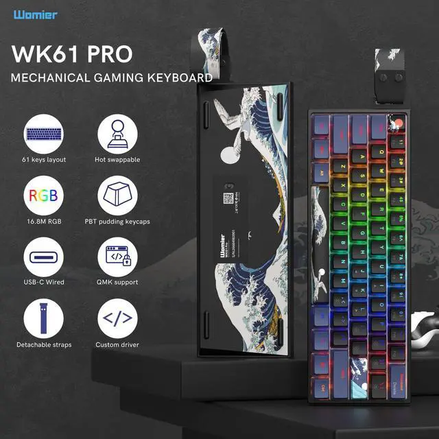 Alt view image 2 of 5 - COSTOM WK61 PRO 60% Percent Keyboard with QMK, Black Kanagawa Wired Mechanical Gaming Keyboard with Strap RGB Backlit, Anime Pudding PBT Keycaps, Hot Swappable POM Linear Red Switch