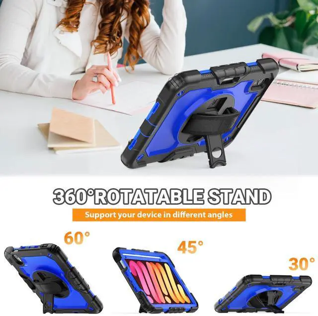 Alt view image 4 of 5 - SEYMAC Case for iPad mini 7 (A17 Pro) 2024/ Mini 6 8.3, Full-Body Shockproof Protective Case with Screen Protector, Rotating Stand, Hand/Shoulder Strap for iPad mini 7th/ 6th Generation, Dark Blue