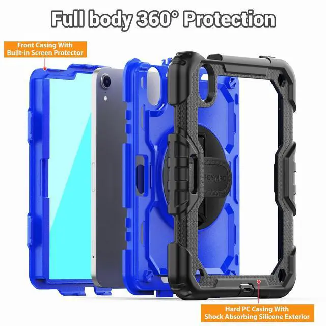 Alt view image 5 of 5 - SEYMAC Case for iPad mini 7 (A17 Pro) 2024/ Mini 6 8.3, Full-Body Shockproof Protective Case with Screen Protector, Rotating Stand, Hand/Shoulder Strap for iPad mini 7th/ 6th Generation, Dark Blue