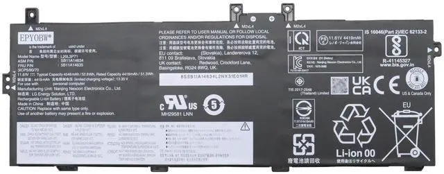 Main image of EPYOBW L20L3P71 Laptop Battery 52.8Wh 4548mAh 3-Cell 11.61V Compatible with Lenovo ThinkPad X13 Yoga Gen 2 20W8 / ThinkPad X13 Yoga Gen 3 21AW / ThinkPad P16 Gen 1 21D6 Series L20C3P71 L20M3P71