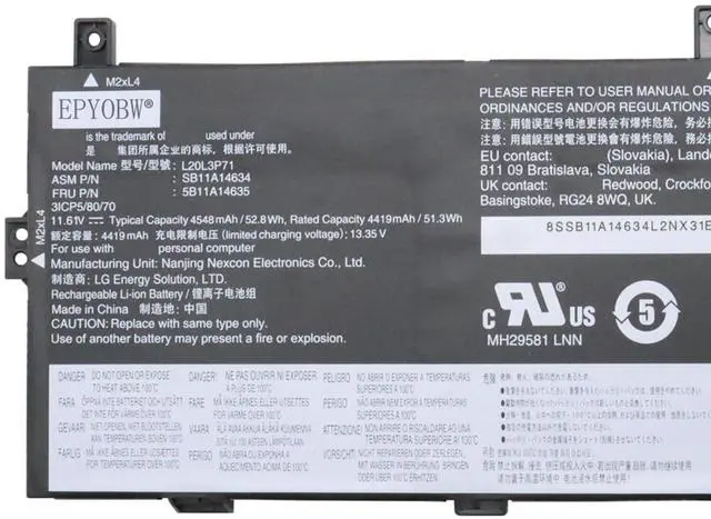 Alt view image 2 of 5 - EPYOBW L20L3P71 Laptop Battery 52.8Wh 4548mAh 3-Cell 11.61V Compatible with Lenovo ThinkPad X13 Yoga Gen 2 20W8 / ThinkPad X13 Yoga Gen 3 21AW / ThinkPad P16 Gen 1 21D6 Series L20C3P71 L20M3P71