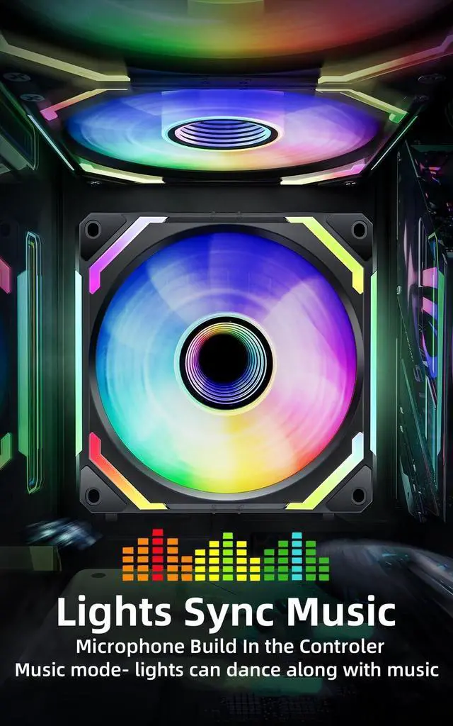 Alt view image 4 of 5 - AsiaHorse COSMIQ-RE-Black 120mm Case Fan, Infinity Mirror FDB Reverse Fan with 5V 3-PIN Connector and Small Controller, Daisy Chain PWM PC RGB Fans for Cases CPU Liquid Coolers, 3Pack