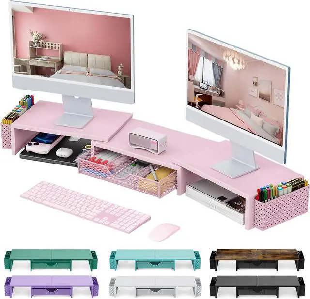 Main image of gianotter Dual Monitor Stand Riser, Desk Organizer With Drawer and 2 Pen Holders,Desk Organizers and Accessories, Pink Office Supplies (Pink)
