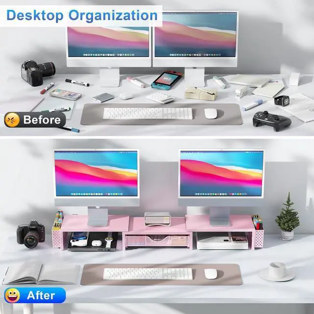Alt view image 2 of 5 - gianotter Dual Monitor Stand Riser, Desk Organizer With Drawer and 2 Pen Holders,Desk Organizers and Accessories, Pink Office Supplies (Pink)