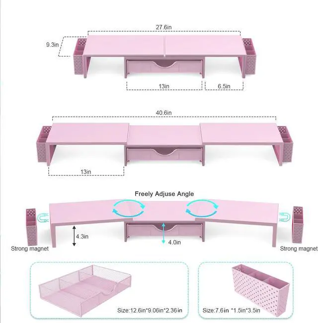 Alt view image 4 of 5 - gianotter Dual Monitor Stand Riser, Desk Organizer With Drawer and 2 Pen Holders,Desk Organizers and Accessories, Pink Office Supplies (Pink)