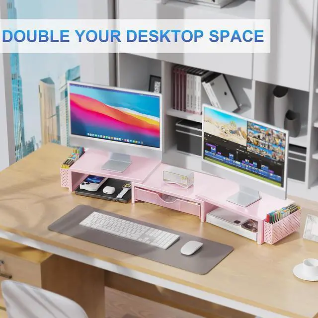 Alt view image 5 of 5 - gianotter Dual Monitor Stand Riser, Desk Organizer With Drawer and 2 Pen Holders,Desk Organizers and Accessories, Pink Office Supplies (Pink)
