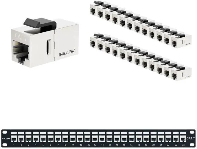 Main image of iwillink (25 Pack RJ45 Cat6 Shielded Coupler and 24 Port RJ45 Shielded Through Coupler 1U Patch Panel