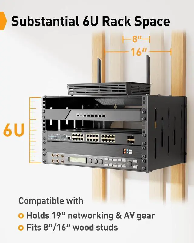 Alt view image 5 of 5 - Perlegear 6U Open Frame Network Rack for 19 Servers & AV Gear, Patch Panel Bracket for Shallow Servers, Network Switches, and IT Equipment, Floor-Standing or Wall-Mounted AV Rack, PGSER03