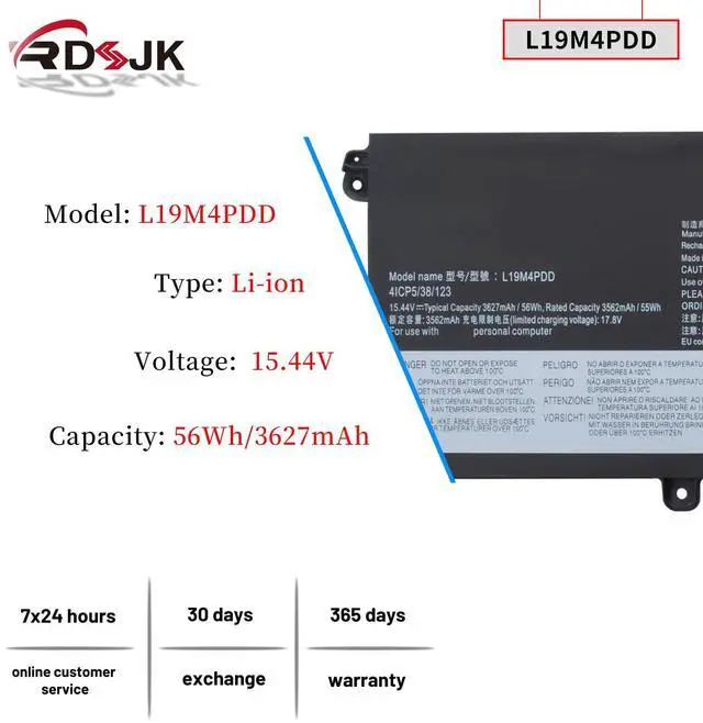 Alt view image 2 of 5 - L19M4PDD L19D4PDD L19C4PDD Laptop Battery for Lenovo ThinkBook 13S G2 ARE G3 ACN ThinkBook 13S G2 ITL ThinkBook 14S G2 ITL Series 5B10Z37621 SB10Z37619 5B10Z37618 5B10Z37617 SB10Z37616 15.44V 56Wh
