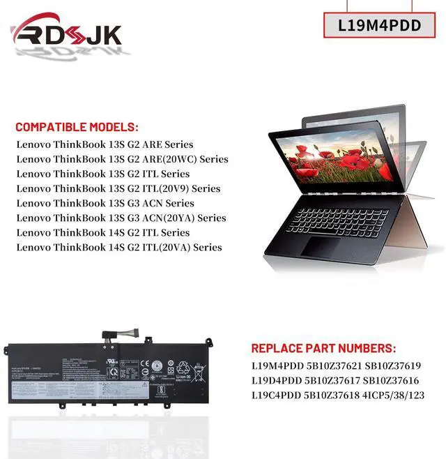 Alt view image 3 of 5 - L19M4PDD L19D4PDD L19C4PDD Laptop Battery for Lenovo ThinkBook 13S G2 ARE G3 ACN ThinkBook 13S G2 ITL ThinkBook 14S G2 ITL Series 5B10Z37621 SB10Z37619 5B10Z37618 5B10Z37617 SB10Z37616 15.44V 56Wh