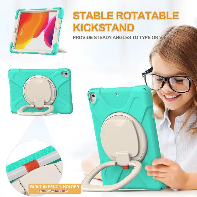 Alt view image 3 of 5 - BRAECN Silicone Case for 9.7 Inch iPad 6th/5th Generation, Full-Body Protective Case with 360° Rotating&180 ° Folding Hand Grip,Pencil Holder, Kickstand, Shoulder Strap for iPad 6th/5th Gen-Mint Green